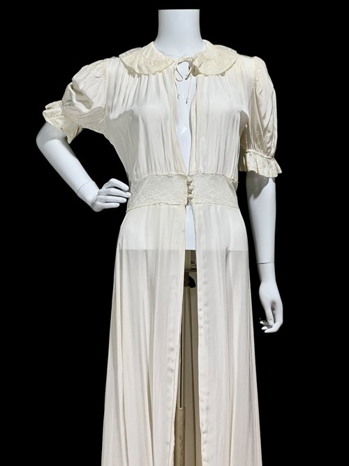 TULA 1940s vintage dressing gown, white rayon button waist housecoat night dress