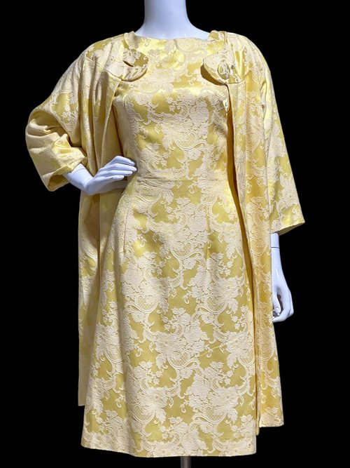 SUE GAIL 1960s vintage 2pc Yellow Damask Dress & Matching Coat