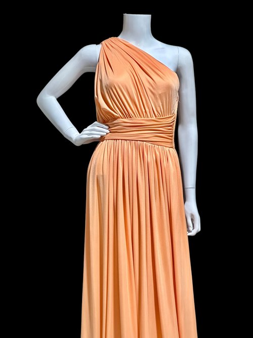 OLE BORDEN for Lillie Rubin, 1970s vintage peach one shoulder evening gown