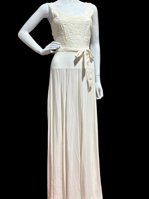 1940s white crepe evening, wedding dress, slip dress with lace bodice and full skirt