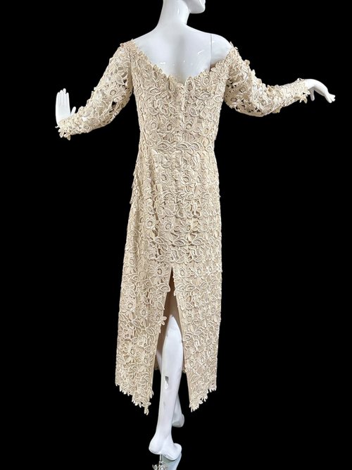 HELEN MORLEY vintage evening gown, open work lace sheath dress