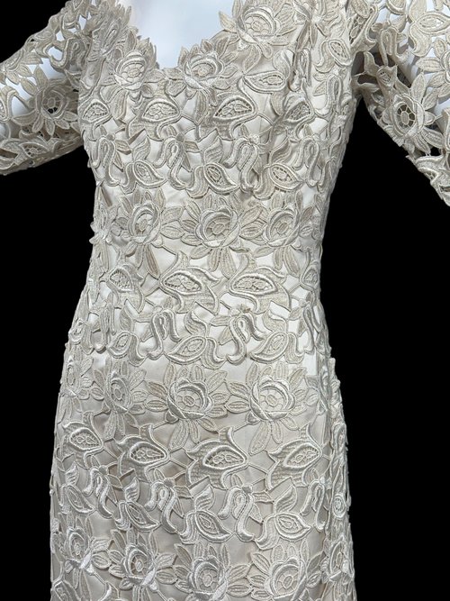 HELEN MORLEY vintage evening gown, open work lace sheath dress