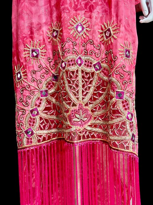 I MAGNIN 1980s Vintage caftan evening dress, cut work beaded sheer pink evening gown with Fringe