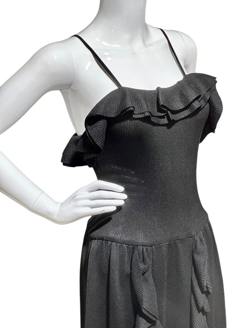 CRISSA 1970s vintage evening dress, black knit ruffled slip dress