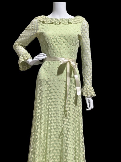 RICHILENE New York, celery green polka dot evening gown