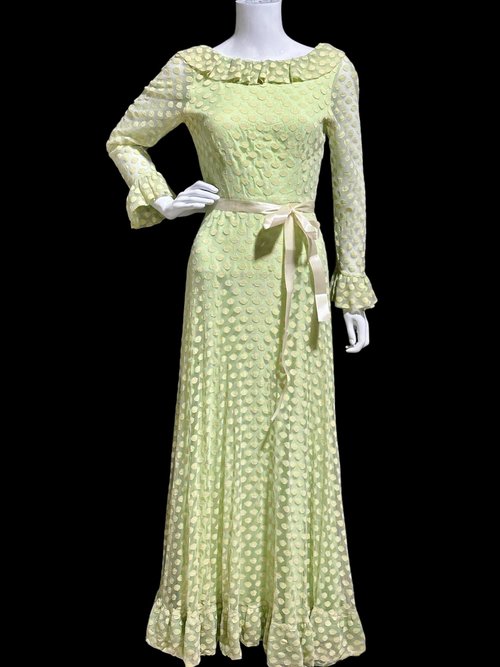 RICHILENE New York, celery green polka dot evening gown