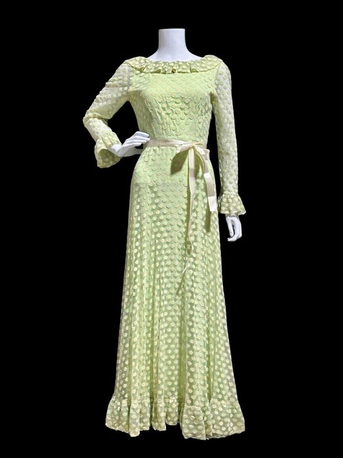 RICHILENE New York, celery green polka dot evening gown