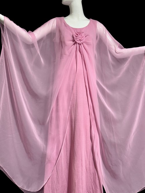 MISS ELLIETTE Giralda Room, pink poly chiffon cape caftan gown