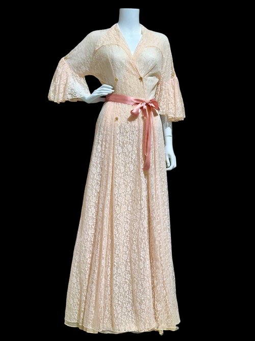 vintage dressing gown robe, FLOBERT 1940s peachy pink sheer lace housecoat 