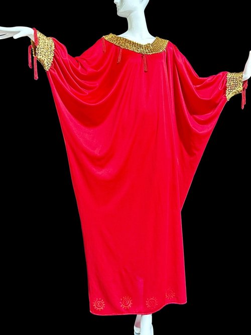 COCO BAY 1970s vintage caftan dress, Miami cherry red sequin hostess evening dress one size
