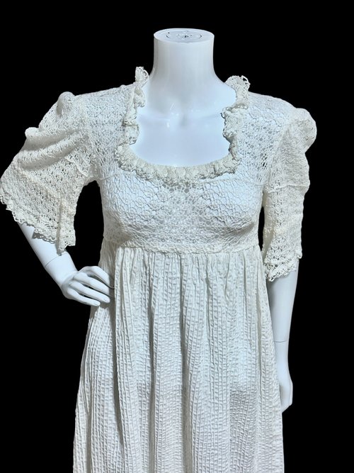 TACHI CASTILLO 1970s vintage White Mexican Wedding dress, Crochet LACE Pintuck Bell Sleeve, Maxi Boho Hippie Bohemian Cotton