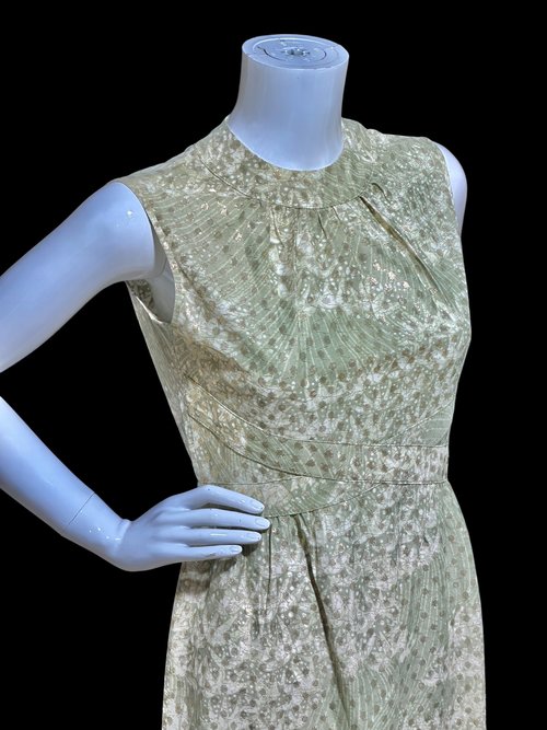 LESLIE FAY 1960s Vintage evening dress, green gold metallic column maxi dress