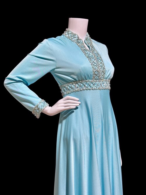 1960s vintage evening dress, shiny blue Jersey Knit beaded high neck 