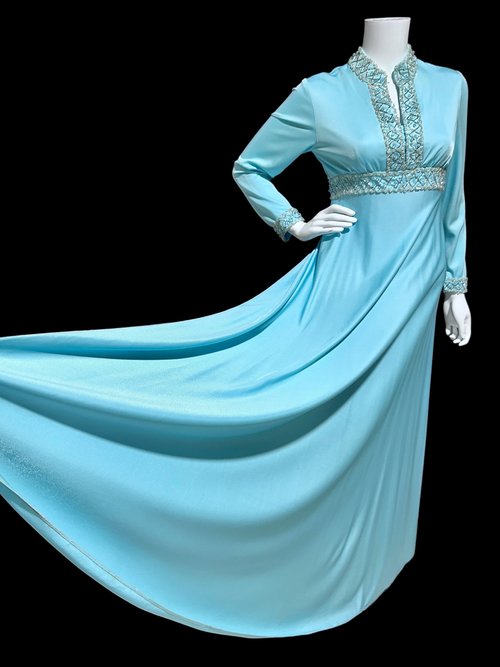 1960s vintage evening dress, shiny blue Jersey Knit beaded high neck 