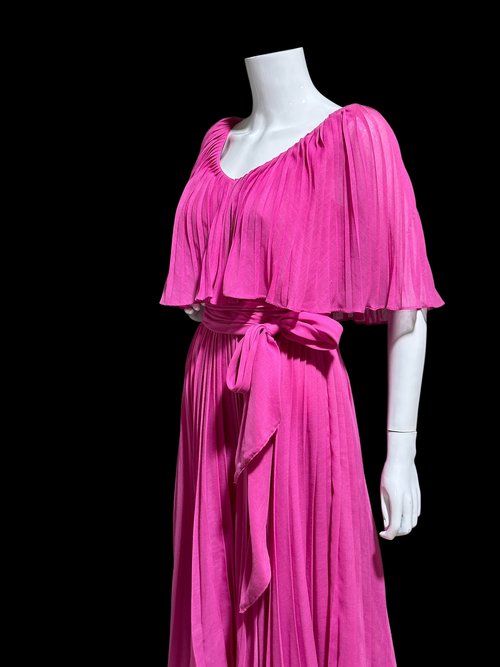 MISS ELLIETTE 1960s vintage Hot Pink pleated cocktail dress, ruffled collar party dress