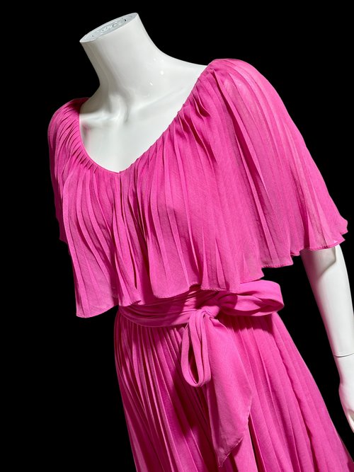 MISS ELLIETTE 1960s vintage Hot Pink pleated cocktail dress, ruffled collar party dress