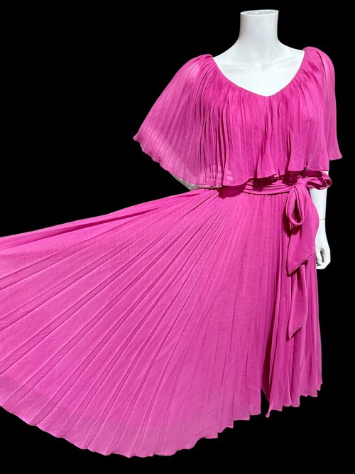 MISS ELLIETTE 1960s vintage Hot Pink pleated cocktail dress, ruffled collar party dress