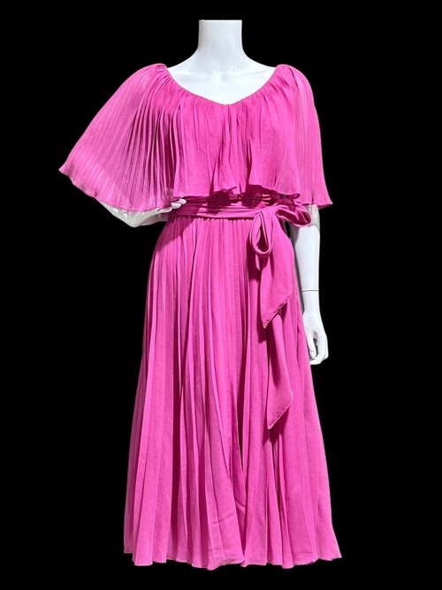 MISS ELLIETTE 1960s vintage Hot Pink pleated cocktail dress, ruffled collar party dress