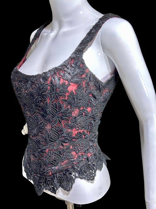 LILLIE RUBIN / Gigi Clark 1990s bustier top, Black lace Red Silk Cutout Corset Evening Top