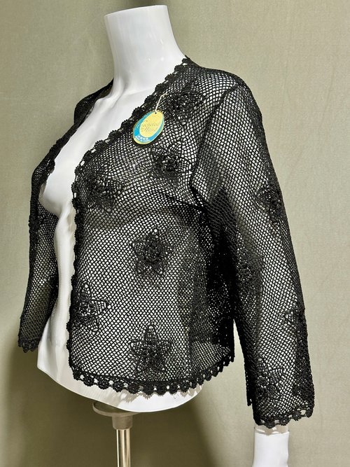 1950s vintage crochet cardigan, black cotton open weave sweater