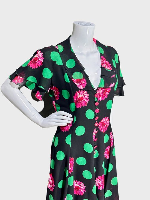 EMANUEL UNGARO 1980s vintage floral shirt dress, cocktail garden party button front flirty flouncy tiered ruffle skirt