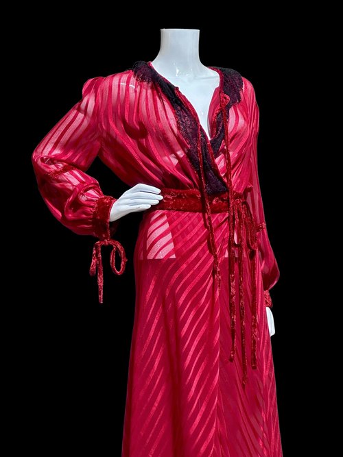 vintage dressing gown robe, Deep Ruby Red with Black lace, SHEER see through housecoat lounge robe