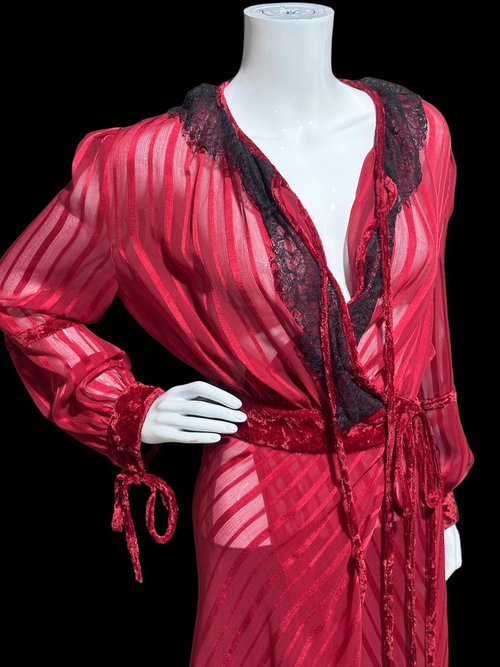 vintage dressing gown robe, Deep Ruby Red with Black lace, SHEER see through housecoat lounge robe