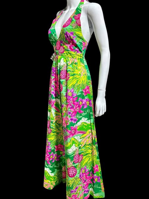 HUKILAU FASHIONS 1970s vintage Hawaiian halter dress, cotton maxi party dress