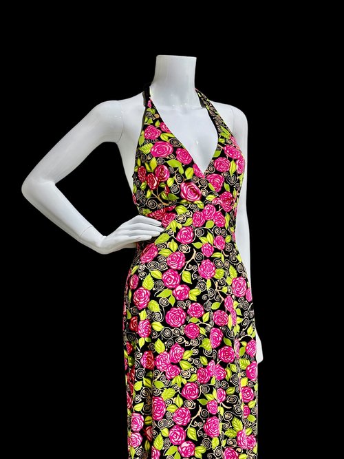 NICOLE MILLER vintage Y2K halter maxi dress, rose print knit jersey dress