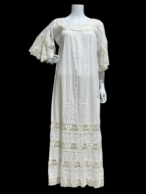 1970s vintage White Mexican Wedding dress, See Through Crochet Lace Pintuck Bell Sleeve, Maxi Boho Hippie Bohemian Cotton
