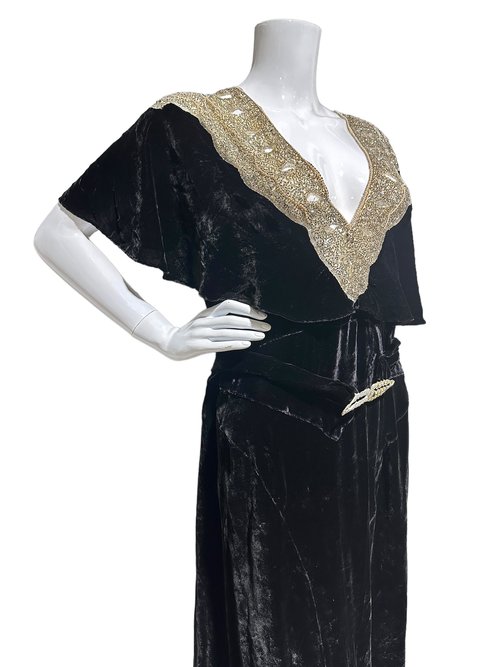1930s vintage black silk velvet evening dress, Gatsby gown