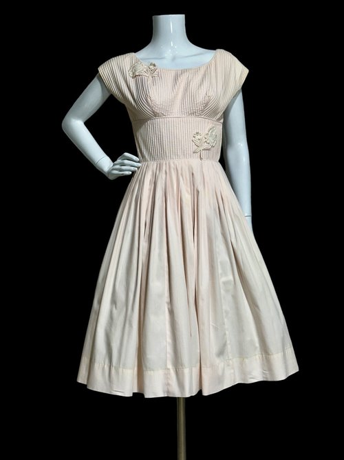 Jerell Jr. 1950s vintage dress, Palest pink cotton pin tuck dress, shelf bust, nipped waist fit and flare