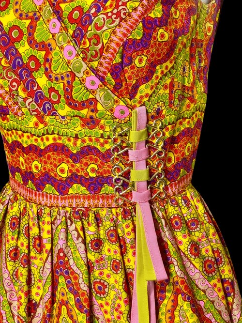 NARDIS OF DALLAS, 1960s maxi dress, Psychedelic boho tiered ruffle fun dress, Pink green purple Op Art peasant gown