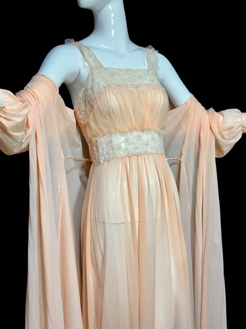 1960s vintage peignoir nightgown robe set, pinky peach sheer nylon and lace house dress