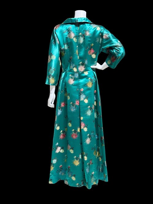 THE FRENCH SHOP 1950s vintage dressing gown robe, Custom Made teal green silk damask house dress