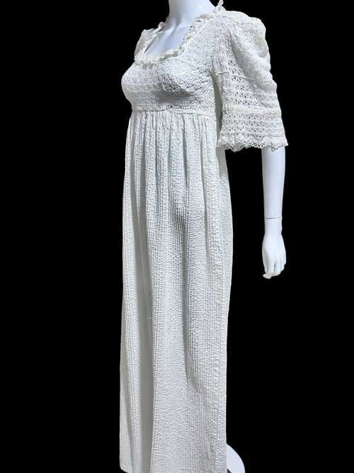 TACHI CASTILLO 1970s vintage White Mexican Wedding dress, Crochet LACE Pintuck Bell Sleeve, Maxi Boho Hippie Bohemian Cotton