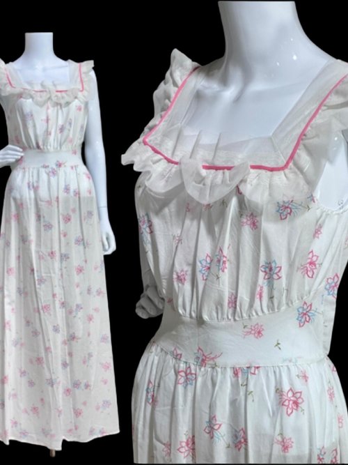 PHIL-MAID 1940s nightgown, pink blue white floral batiste cone-bell combed cotton house dress, New Old stock