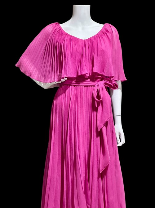 MISS ELLIETTE 1960s vintage Hot Pink pleated cocktail dress, ruffled collar party dress