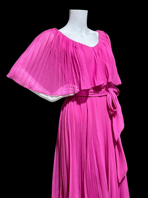 MISS ELLIETTE 1960s vintage Hot Pink pleated cocktail dress, ruffled collar party dress