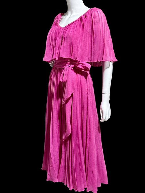 MISS ELLIETTE 1960s vintage Hot Pink pleated cocktail dress, ruffled collar party dress