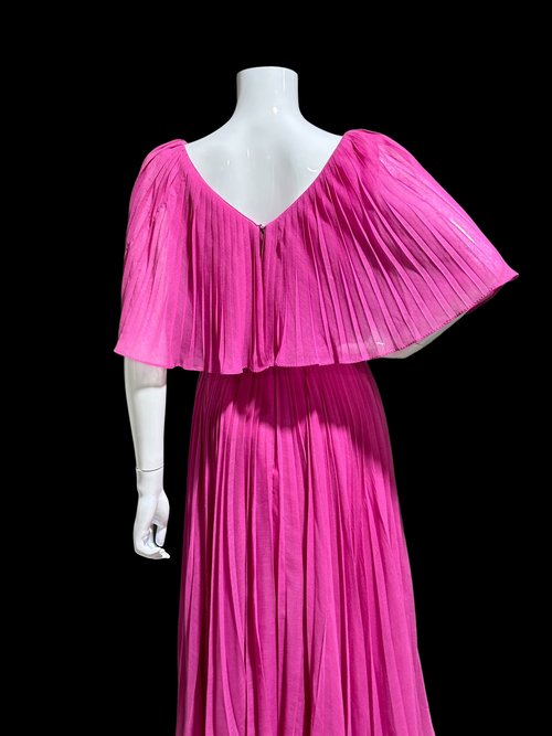 MISS ELLIETTE 1960s vintage Hot Pink pleated cocktail dress, ruffled collar party dress