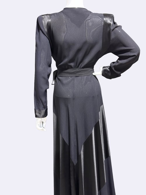 TULA 1940s vintage dressing gown robe, black crepe wrap peekaboo butterfly house dress