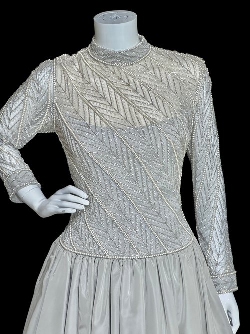 BOB MACKIE 1980s vintage beaded evening dress, Silver grey heavily beaded taffeta ball gown, Long sleeve high neck