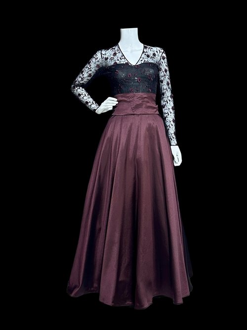 PAMELA DENNIS Couture evening dress, Aubergine purple full length embroidered mesh ball gown