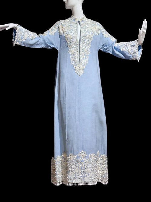 BONWIT TELLER REBECCA evening caftan dress, heavily beaded soutache boho hippie blue linen cocktail party maxi gown