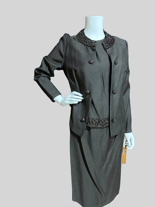 CAROL CRAIG 1960s vintage Dinner suit, 3pc Black Dress, Shell and Jacket set Ensemble, Sequin trim Cocktail evening suit, NEW old stock