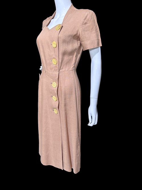 MOYGASHEL 1940s vintage linen dress, taupe color linen day dress, wrap button front dress