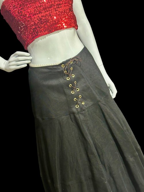 OSCAR De la RENTA, Neiman Marcus 1970s vintage black linen lace up peasant midi skirt, hippie boho, New old stock