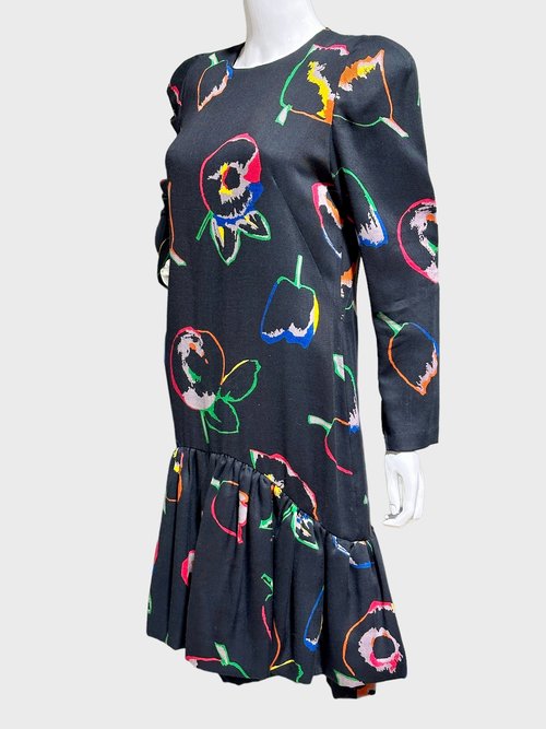 PAULINE TRIGERE for Nan Duskin 1980s vintage dress, black abstract floral work day dress