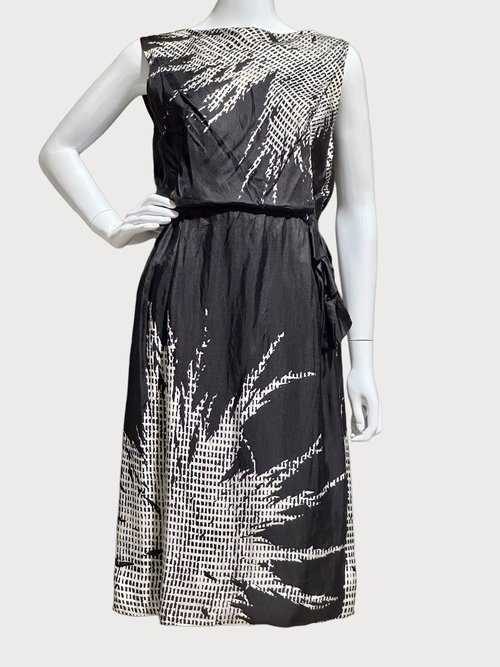 HELENA BARBIERI 1950s vintage cocktail dress, Black silk blouson wiggle dinner dress